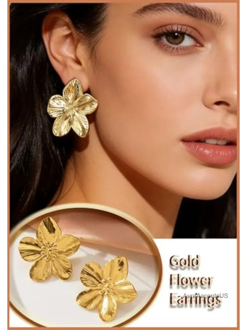 4 Pair Gold Plated Chunky Statement Earrings Set for Women - Flower Leaf Hoop